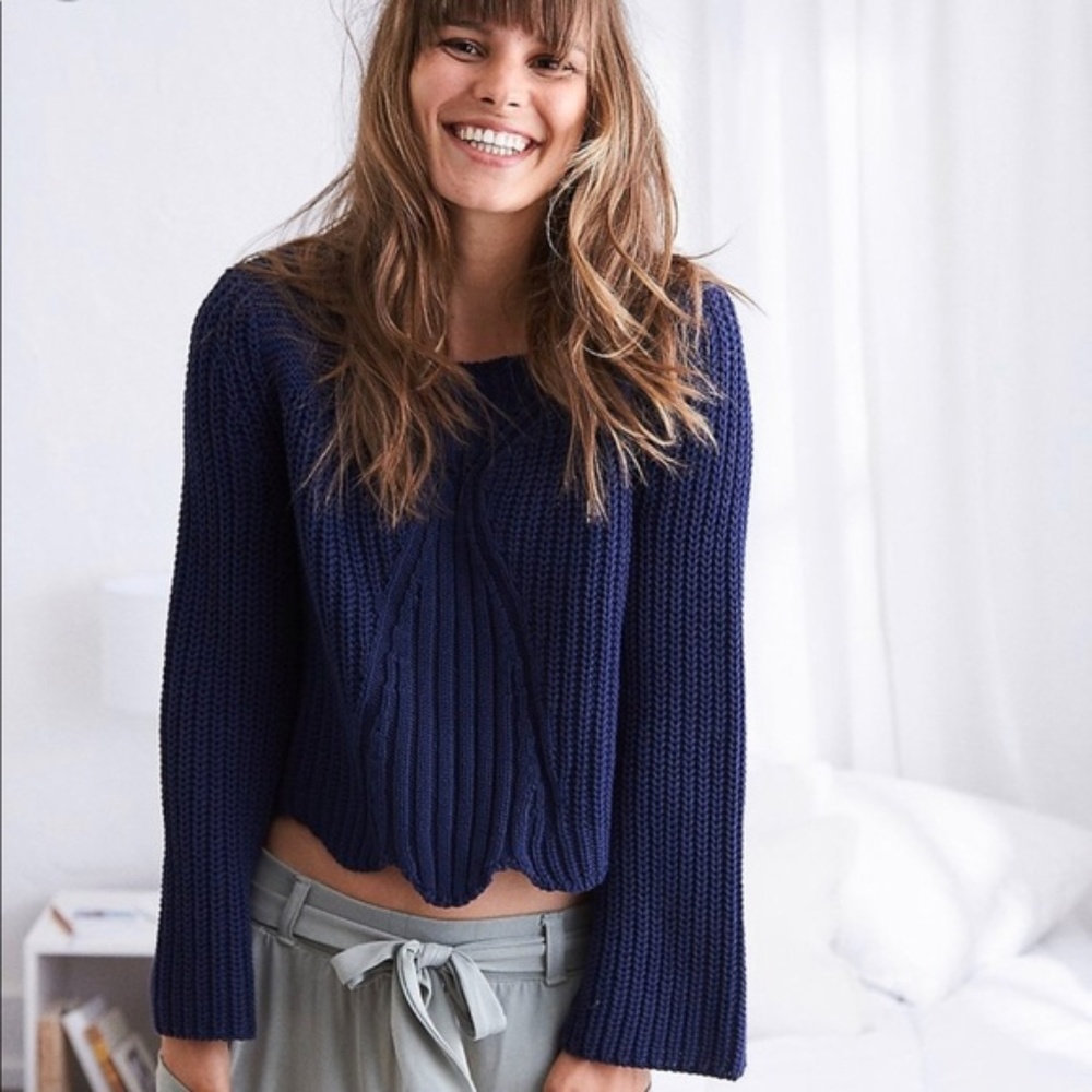 Navy Aerie Scallop Hem Sweater